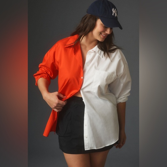 The Maeve Bennet Button Down Shirt Colorblock Red & White Oversized XS / S / M - Picture 2 of 11